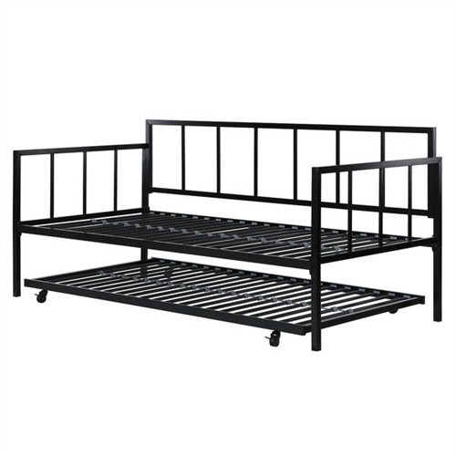 Twin Size Classic Black Metal Day Bed Frame with Twin Trundle Bed