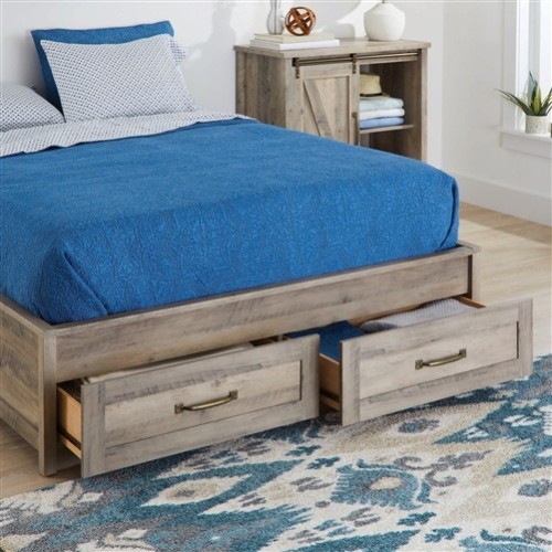 Queen Size Farmhouse Grey Wood Platform Bed Frame with 2 Storage Drawers