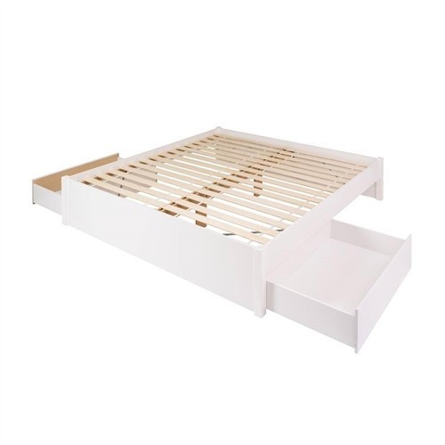 King Size White Wood Platform Bed Frame with 2 Storage Drawers