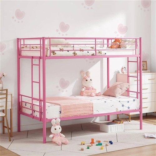 Twin over Twin Size Pink Metal Bunk Bed Frame