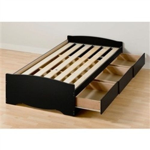 Twin XL Size Black Wood Platform Bed Frame with 3 Storage Drawers