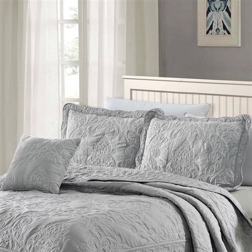 Queen Size Ash Grey Damask Embroidered Oversized 4 Pc Bedspread Set