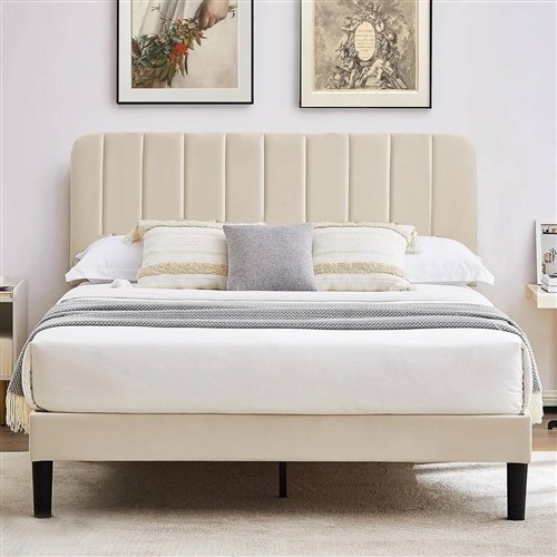 Queen Size Beige Upholstered Platform Bed Frame with Headboard