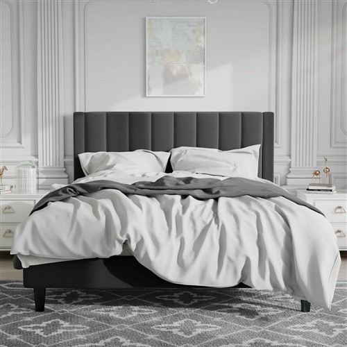 Queen Size Black Velvet Upholstered Platform Bed Frame with Headboard