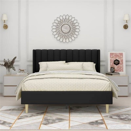 Queen Size Mid Century Black Upholstered Platform Bed Frame with Headboard