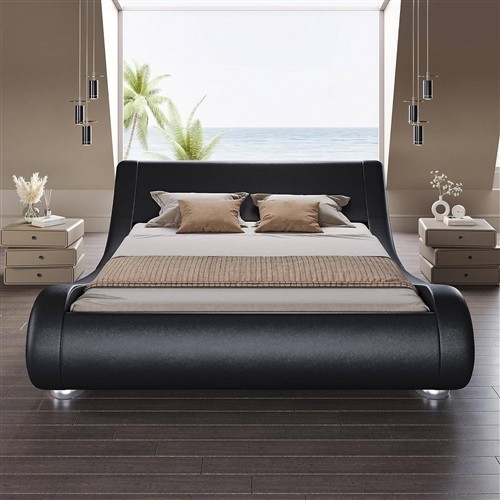 Queen Size Modern Black Leather Upholstered Platform Bed Frame with Sleigh Headboard