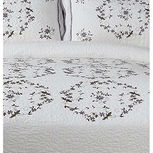 Queen Size White 100% Cotton Bedspread with Scalloped Edges and Floral Print Embroidery