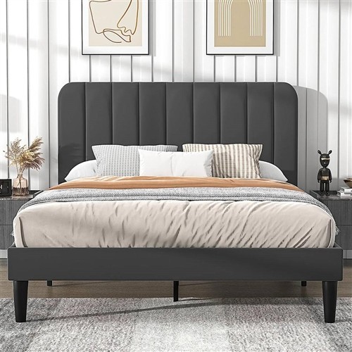 Queen Size Dark Grey Upholstered Platform Bed Frame with Headboard