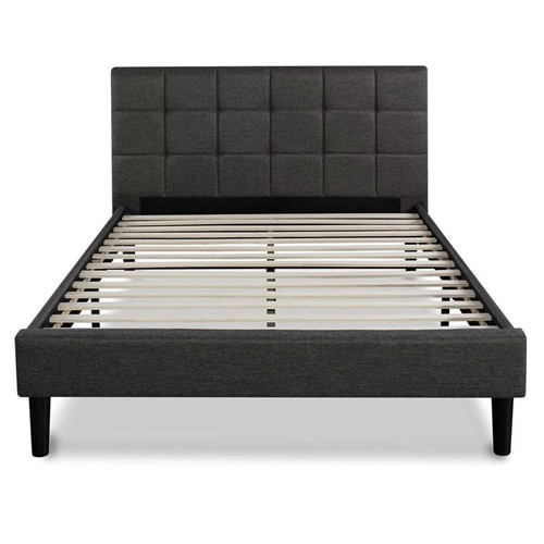 Queen Size Dark Grey Upholstered Platform Bed Frame with Padded Headboard