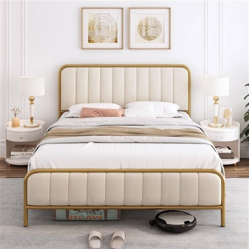 Queen Size Gold Metal Platform Bed Frame with Off White Upholstered Headboard