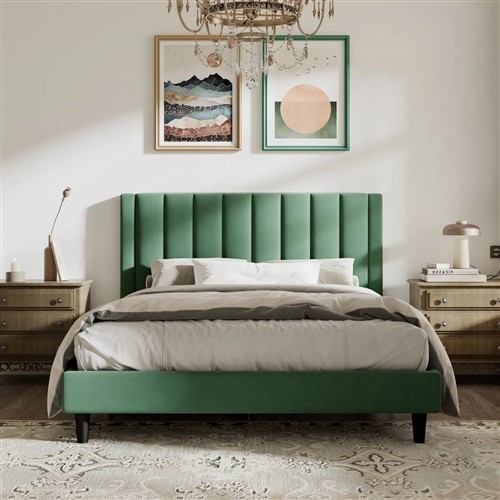 Queen Size Green Velvet Upholstered Platform Bed Frame with Headboard