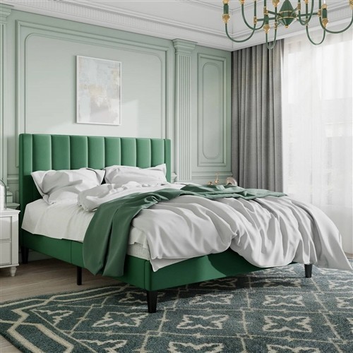 Queen Size Green Velvet Upholstered Platform Bed Frame with Headboard