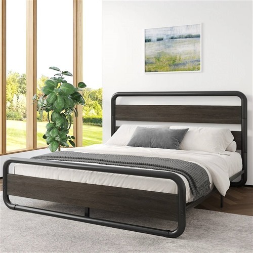 Queen Size Industrial Rounded Black Metal Platform Bed Frame with Black Wood Panel Headboard
