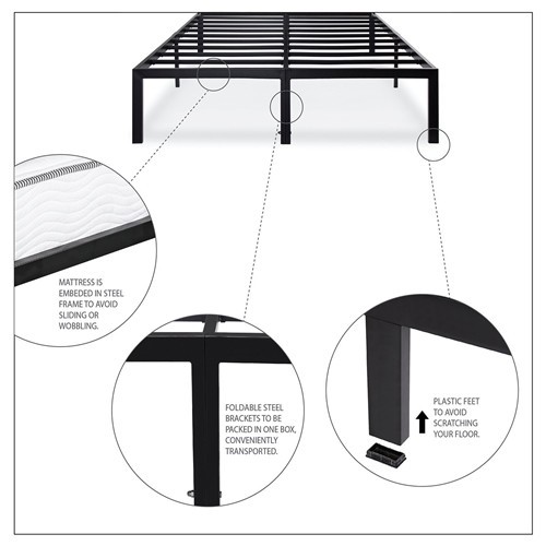 Queen Size Heavy Duty Black Metal Platform Bed Frame