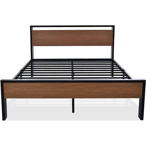 Queen Size Black Metal Platform Bed Frame with Walnut Wood Panel Headboard and Footboard