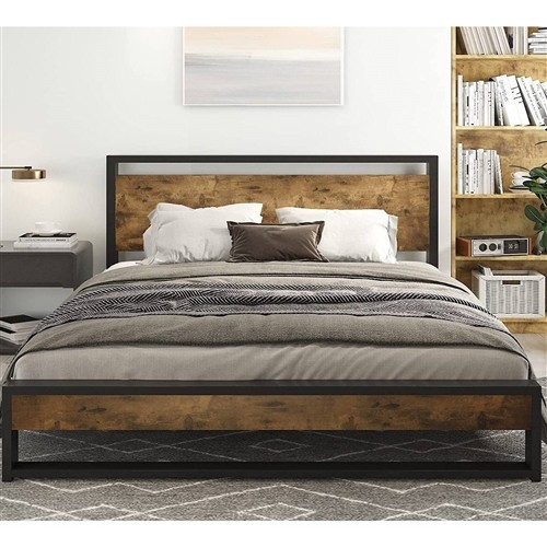 Queen Size Black Metal Platform Bed Frame with Rustic Wood Panel Headboard and Footboard