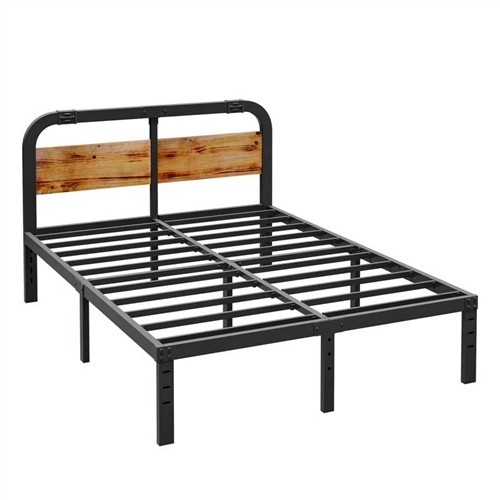 Queen Size Industrial Black Metal Platform Bed Frame with Rustic Wood Panel Headboard