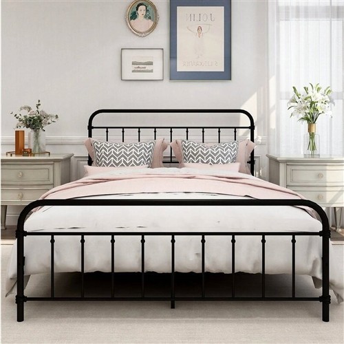 Queen Size Black Metal Platform Bed Frame with Open Rounded Headboard and Footboard