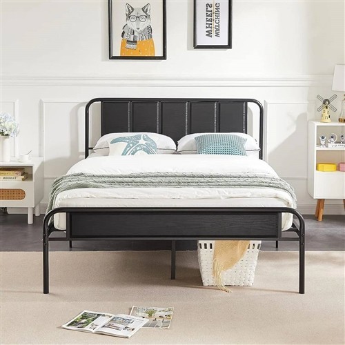 Queen Size Black Metal Platform Bed Frame with Rounded Black Wood Panel Headboard and Footboard