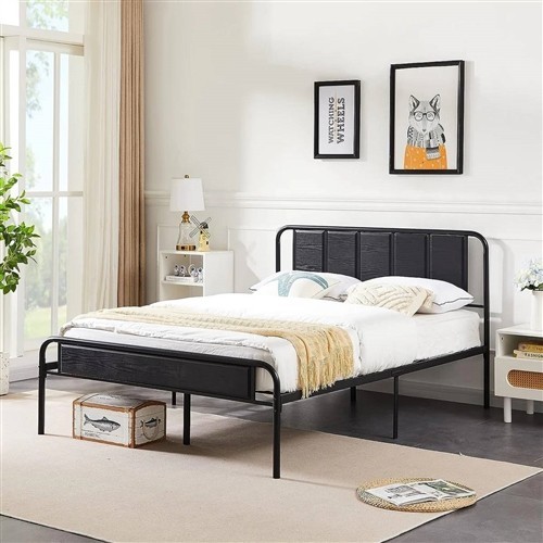 Queen Size Black Metal Platform Bed Frame with Rounded Black Wood Panel Headboard and Footboard