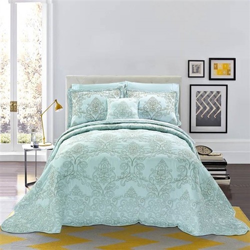 Queen Size Light Blue Damask Embroidered Oversized 4 Pc Bedspread Set