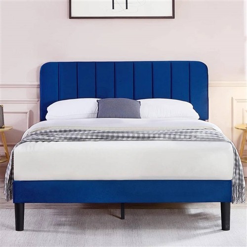 Queen Size Blue Upholstered Platform Bed Frame with Headboard