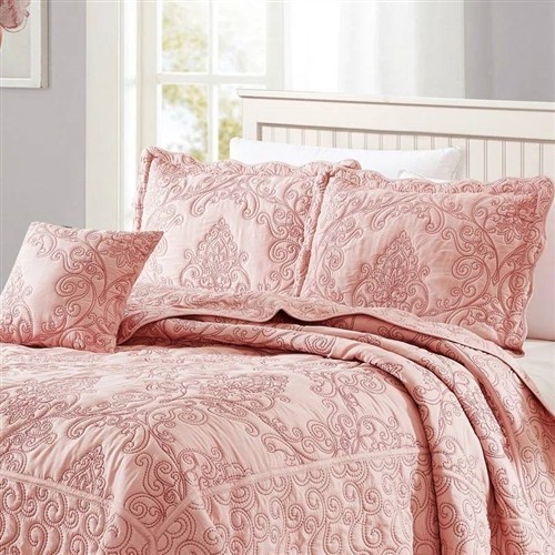 Queen Size Pink Dust Damask Embroidered Oversized 4 Pc Bedspread Set