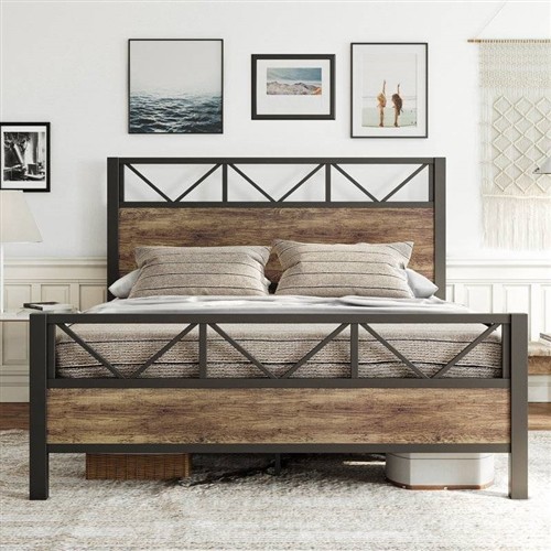 Queen Size Black Metal Industrial Platform Bed Frame with Rustic Wood Headboard and Footboard