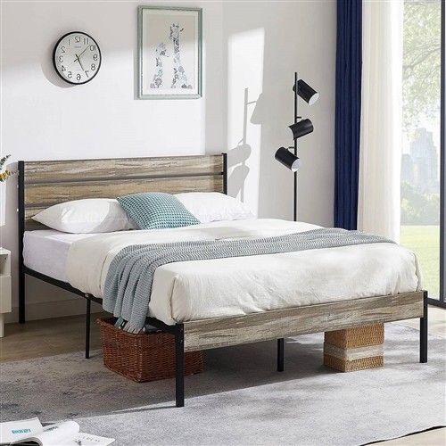 Queen Size Black Metal Platform Bed Frame with Rustic Headboard