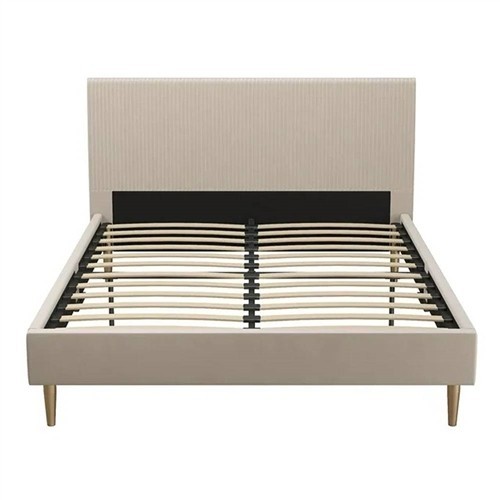 Queen Size Mid Century Cream Velvet Upholstered Platform Bed Frame with Headboard