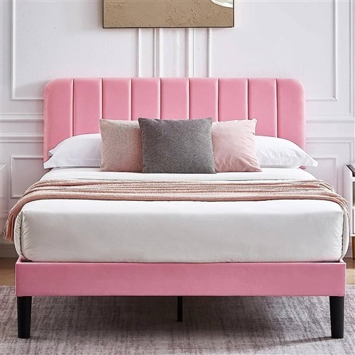 Queen Size Pink Upholstered Platform Bed Frame with Headboard