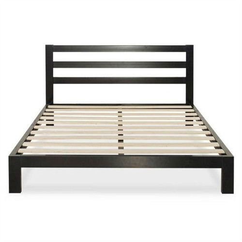 Queen Size Black Metal Platform Bed Frame with Metal Headboard and Wood Slats