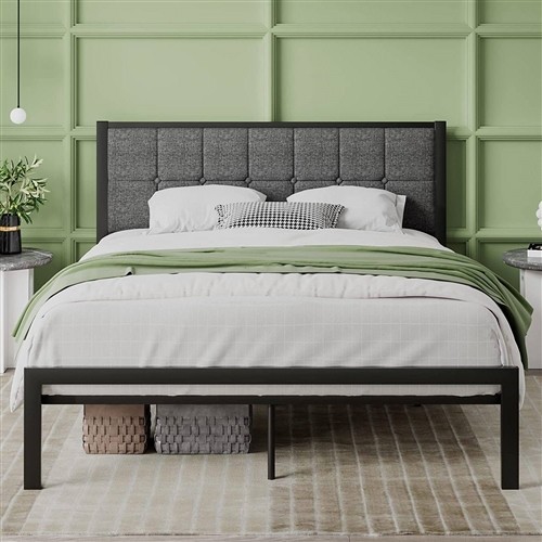 Queen Size Black Metal Platform Bed Frame with Grey Upholstered Button Tufted Headboard