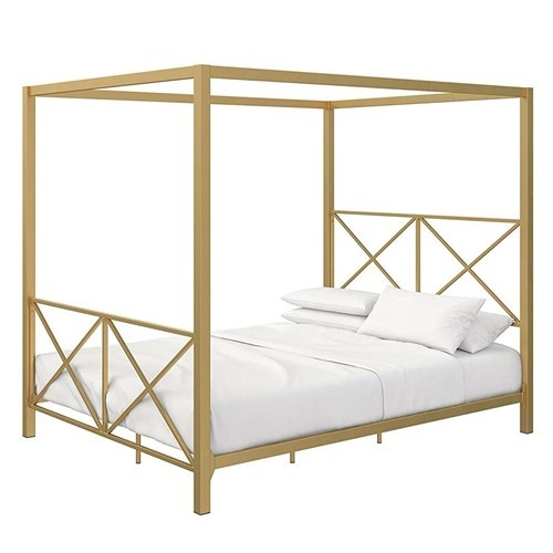 Queen Size Gold Metal Canopy Bed Frame with Headboard and Footboard