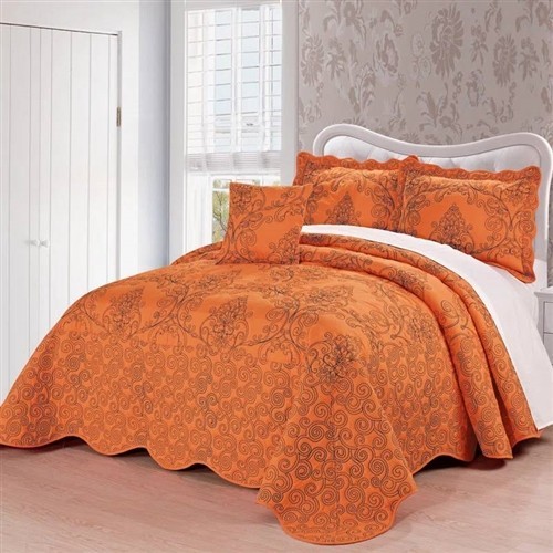 Queen Size Nectarine Orange Damask Embroidered Oversized 4 Pc Bedspread Set