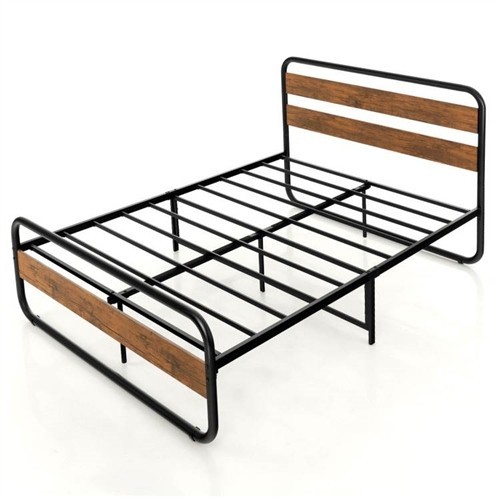 Queen Size Industrial Black Metal Tube Platform Bed Frame with Wood Headboard and Footboard