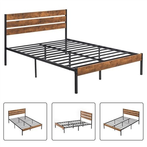 Queen Size Industrial Black Metal Platform Bed Frame with Brown Wood Slatted Headboard and Footboard