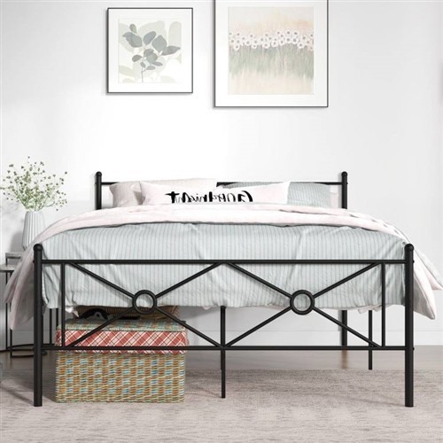 Queen Size Black Metal Platform Bed Frame with Medallion Headboard and Footboard 