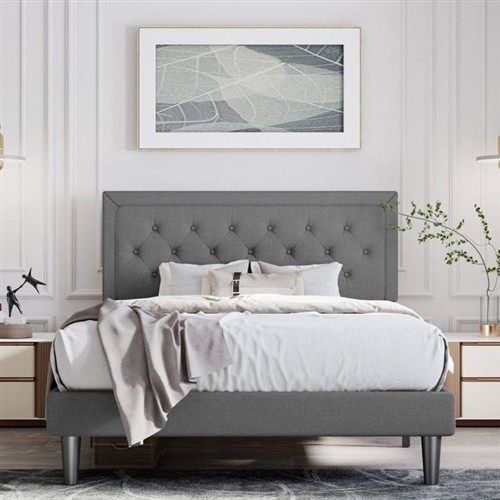 Queen Size Dark Grey Upholstered Platform Bed Frame with Adjustable Headboard