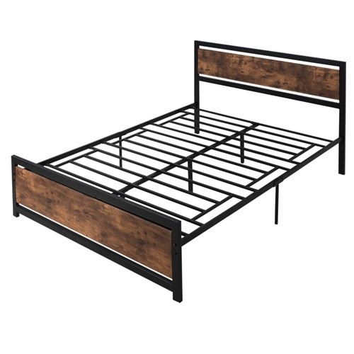 Queen Size Black Metal Platform Bed Frame with Rustic Headboard and Footboard