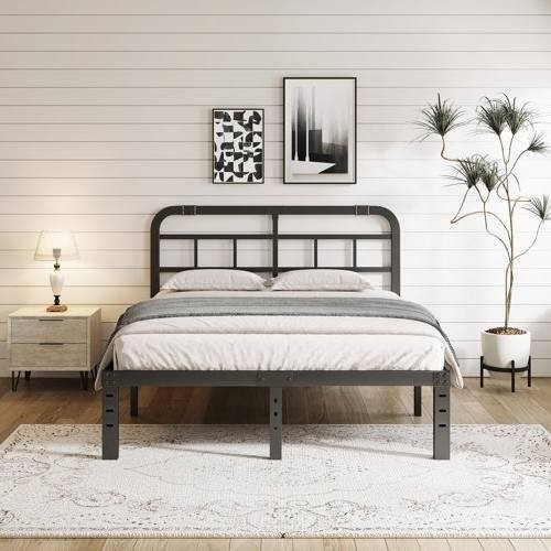 Queen Size Industrial Black Metal Platform Bed Frame with Headboard
