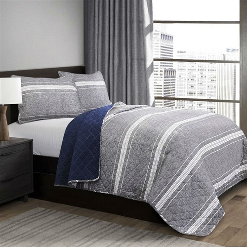 Queen Size Gray & Navy Striped 100% Cotton Reversible 3 Pc Bedspread Set