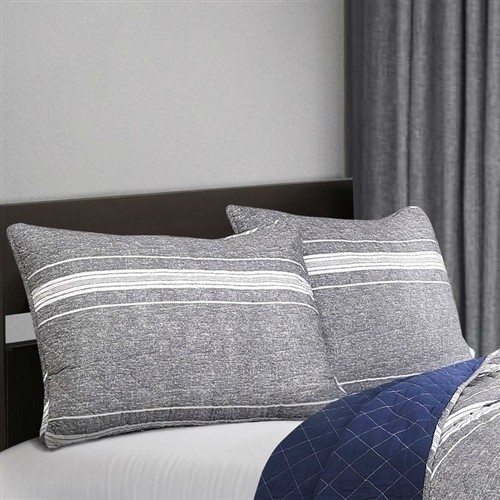 Queen Size Gray & Navy Striped 100% Cotton Reversible 3 Pc Bedspread Set
