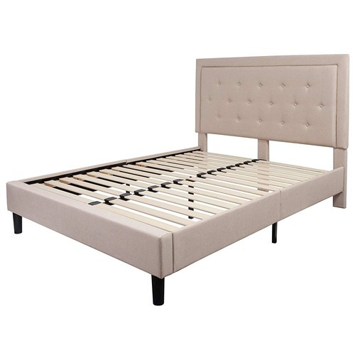 Queen Size Beige Upholstered Platform Bed Frame with Button Tufted Headboard