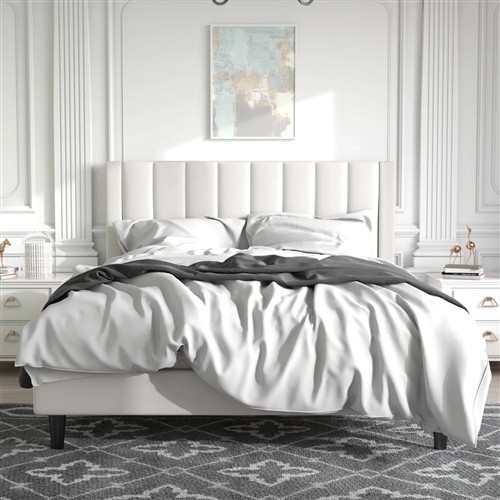 Queen Size White Velvet Upholstered Platform Bed Frame with Headboard