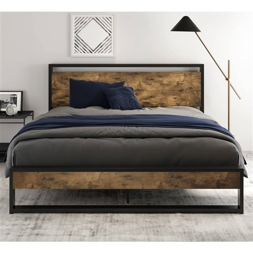 Queen Size Black Metal Platform Bed Frame with Industrial Wood Headboard