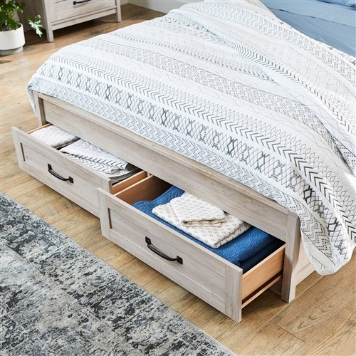 Queen Size Farmhouse Off White Wood Platform Bed Frame with 2 Storage Drawers