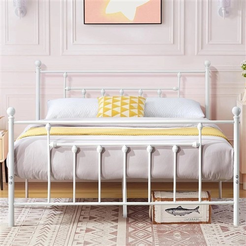 Queen Size Vintage White Metal Platform Bed Frame with Headboard and Footboard