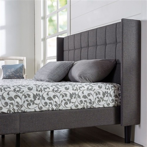 Queen Size Grey Upholstered Bed Frame with Wingback Headboard