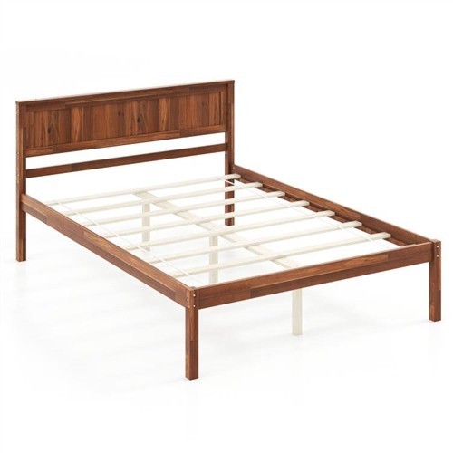Full Size Retro Walnut Wood Platform Bed Frame with Headboard